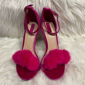 Forever 21 Hot Pink Velvet Heels with Pom-Poms